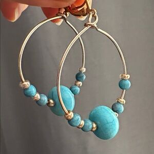 Avon Y2K Blue Beaded Gold Tone 1.5" Hoops | Turquoise Boho Statement Earrings
